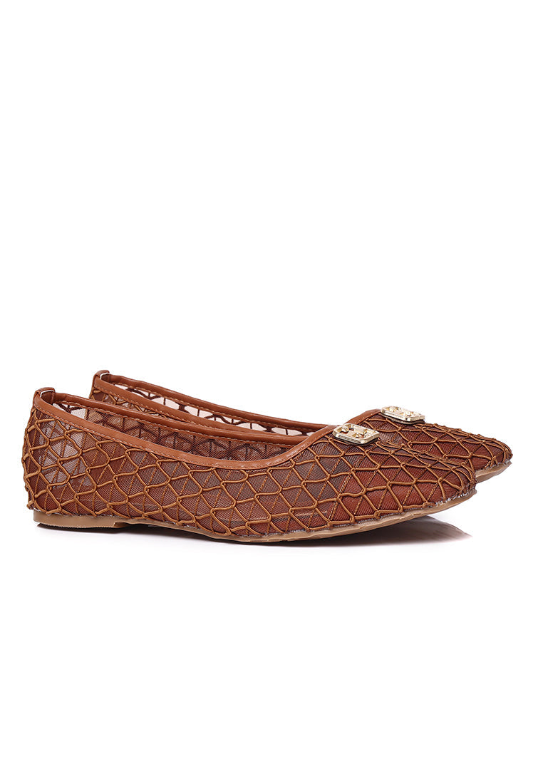 Loom Woven Microfiber Leather Flats & Ballerina In Brown