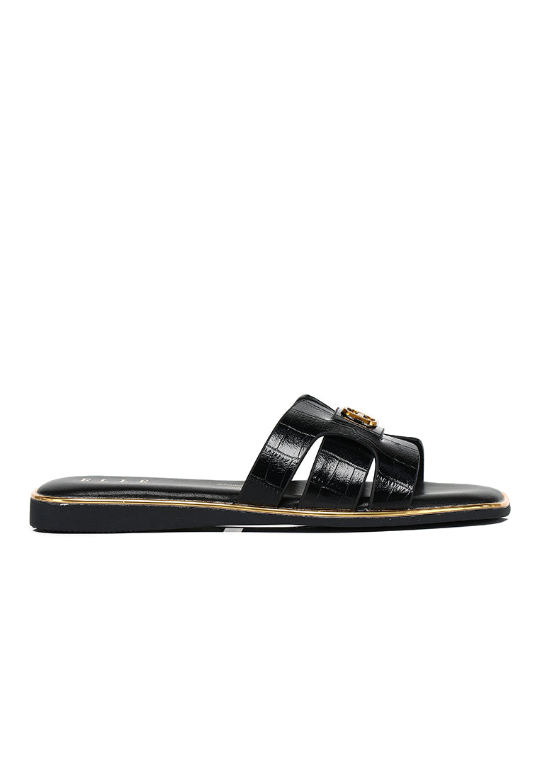 Debbie Croc-effect Slip-on Sandals In Black