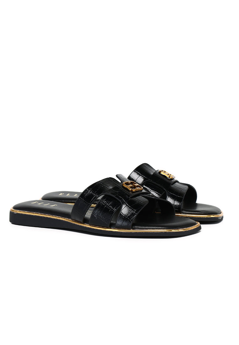 Debbie Croc-effect Slip-on Sandals In Black