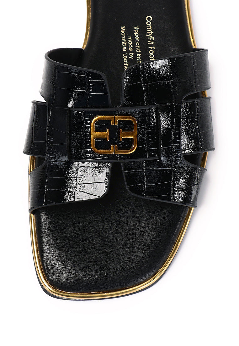 Debbie Croc-effect Slip-on Sandals In Black