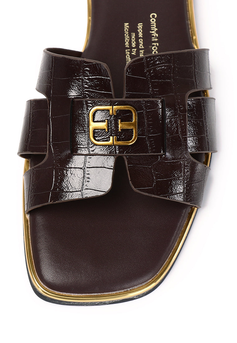 Debbie Croc-effect Slip-on Sandals In Espresso